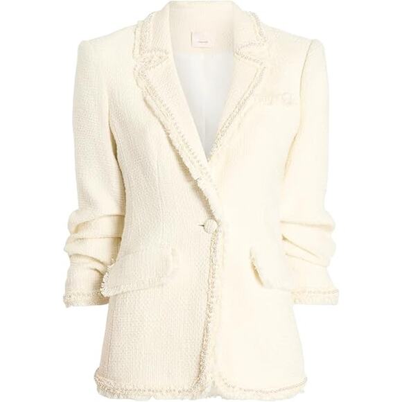 Elie Tahari Tweed Fringe Single Button Ruched Sleeve Blazer Jacket Cream 8 - Picture 1 of 10